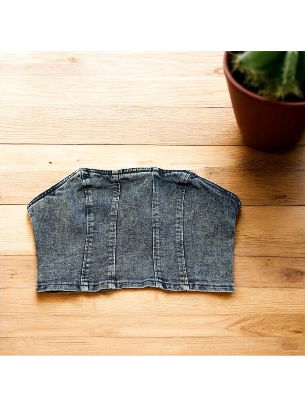 SHEIN Washed Denim Strapless Crop Top - Blue